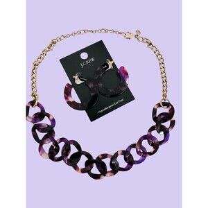 J Crew Purple Tortoise Lucite Chain Necklace & Flat Hoop Earrings